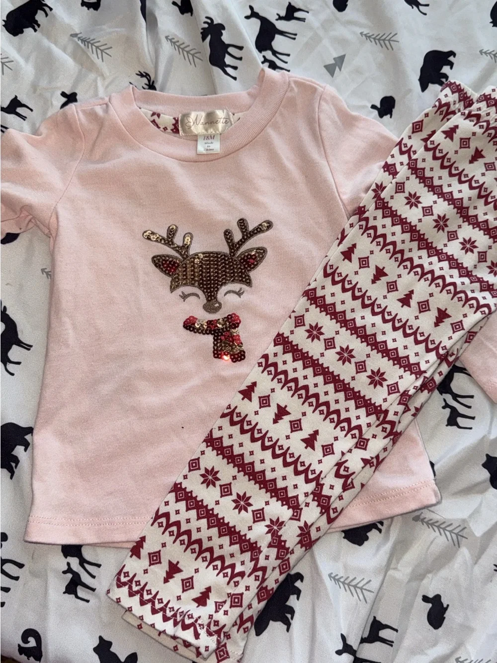 wonder nation Pink Reindeer Sequin Pajama Set with Red Patterned Leggings
